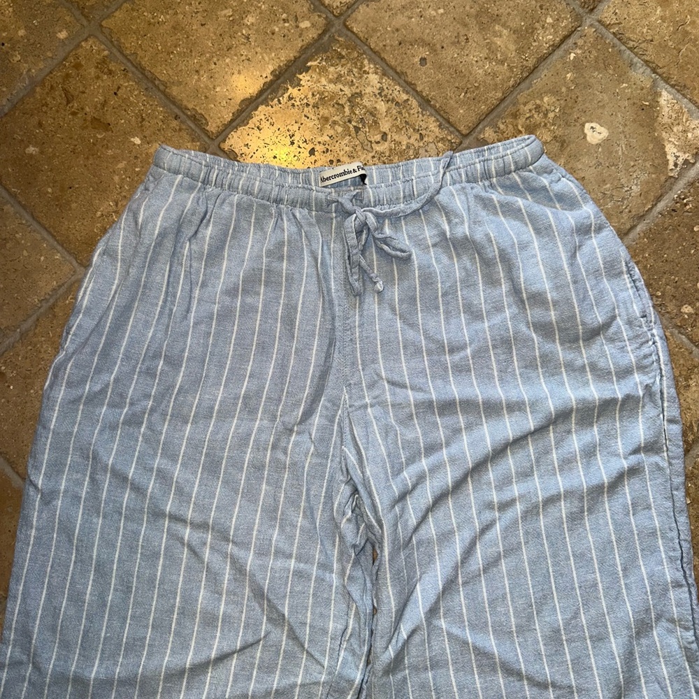 Abercrombie & Fitch Gemma Linen Blend Pull on Blue Striped Drawstring Pants Sz S